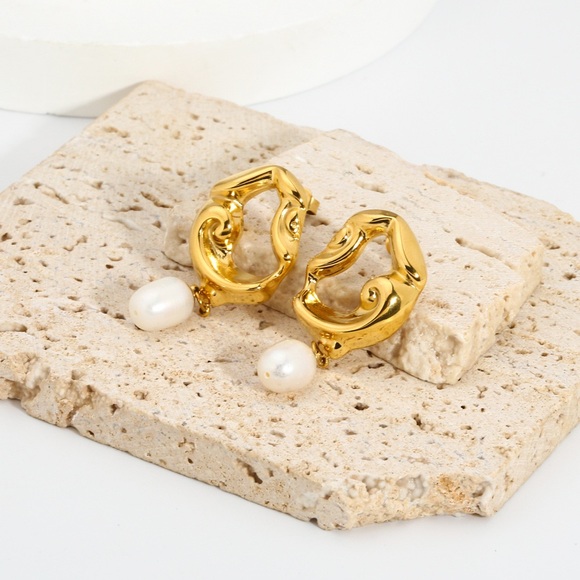 24K Gold Earrings*Melted Irregular Abstract Earrings*Waterproof Sweatproof - Picture 3 of 6
